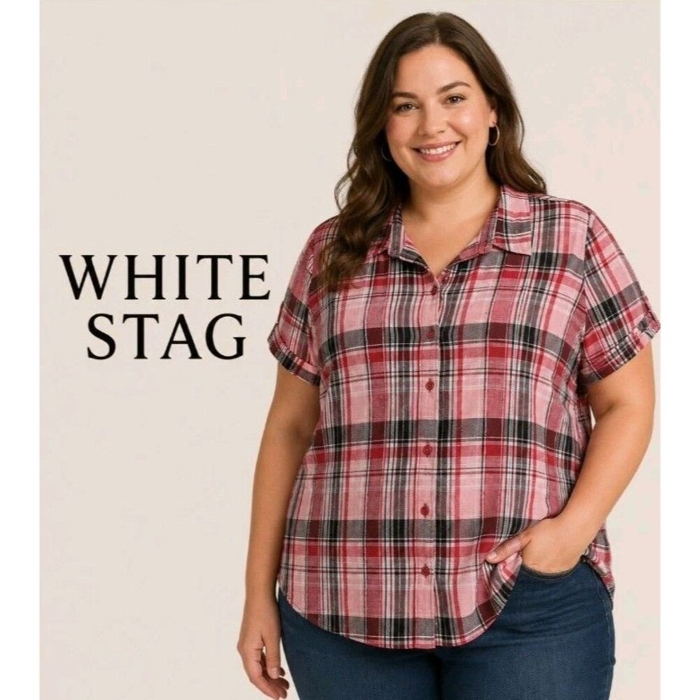 WHITE STAG Womens 16W Plaid 100% Cotton Western Seersucker Camp Shirt Pink Top